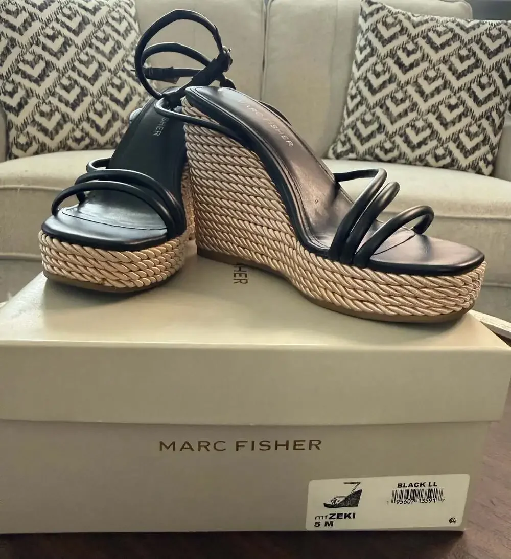 Marc Fisher Zeki Women's Black Ankle Strap Espadrille Wedge Sandals
